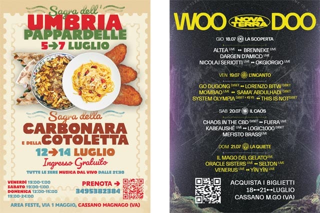 Volantino bi-facciale per campagna di volantinaggio per "Woo Doo Nova Terra" e la "Sagra dell'Umbria" a Cassano Magnago, Busto Arsizio e Gallarate.